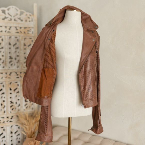Women’s jakett New York Brown‎ Leather Perforated Moto Jacket sz M - Picture 14 of 17